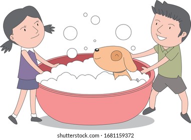Girl and boy Bathing puppy illustrations.