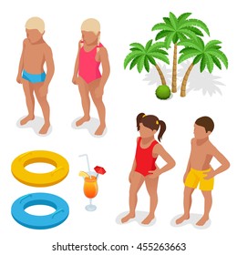 Girl and boy in a bathing suit, palm tree, life preserver, Orange juice. Summertime concept. Flat 3d vector isometric set icons. 