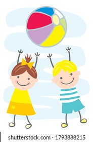 Girl and boy with beach ball, smiling vector illustration	