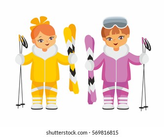 The girl and the boy in beautiful ski suits. Vector illustration on a white background.