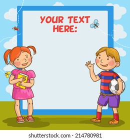 Girl and Boy beside  blank placard. Children Sport isolated objects on green background. Great illustration for a school books and more. VECTOR. Editorial. Education. Advertising. Board.