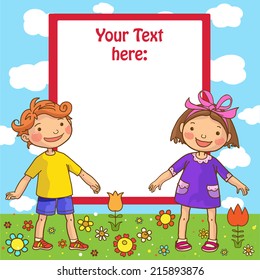 Girl and Boy beside blank placard. Children Sport isolated objects. Great illustration for a school books and more. VECTOR. Editorial. Education. Advertising. Board.