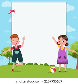 Girl and Boy beside blank placard. Children Sport  on green background. Great illustration for a school books and more. VECTOR. Editorial. Education. Advertising. Board.