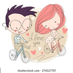 Girl and boy biking. Love card.