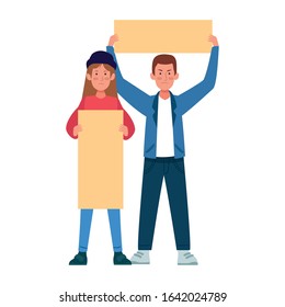 girl and boy with blank placards over white background, colorful design, vector illustration