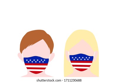 girl and boy with blond and brown hair wearing USA mask. Disease prevention. Personal hygiene. Health care concept. Illustration vector.