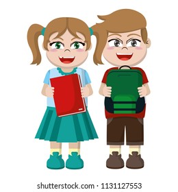 girl and boy with book and backpack utensils