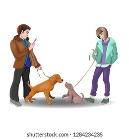 The girl and the boy came to a romantic date and instead of chatting, they looked at the phone. Only their dogs are happy chatting with each other. Vector illustration.
