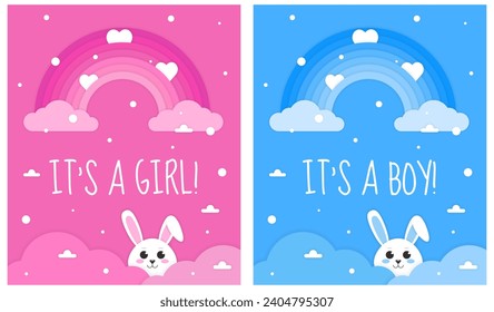 Its a girl, Its a boy card. Set of invitation card for baby new born celebration with cartoon rabbit, clouds and rainbow. Paper cut style. Pink and blue background. 