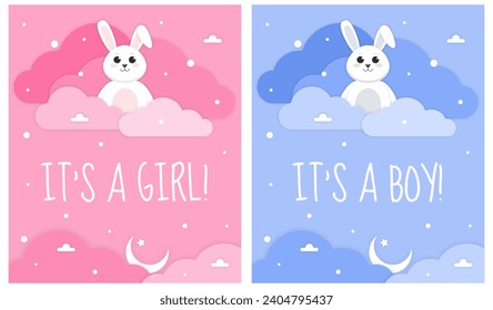 Its a girl, Its a boy card. Set of invitation card for baby new born celebration with cartoon rabbit and clouds. Paper cut style. Pink and blue background. 