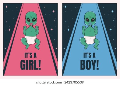 It's a girl, It's a boy card. Set of invitation card for gender reveal party or baby shower with cute aliens.