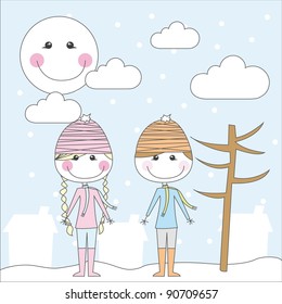 girl and boy cartoon over winter landscape. vector