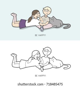 girl and boy and cat vector
