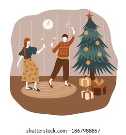 Girl and boy celebrating merry Christmas and happy new year at cozy home. Cartoon characters. Vector family illustration. Christmas room interior with Christmas tree and gifts.