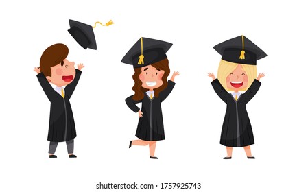 Girl and Boy Characters Wearing Academic Dresses or Gown and Square Academic Cap Cheering About Graduation Ceremony Vector Illustrations Set