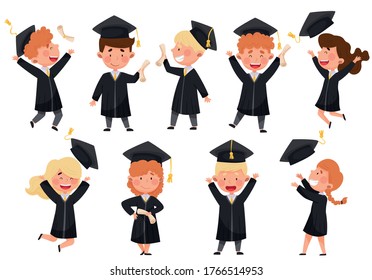 Girl and Boy Characters Wearing Academic Dresses or Gown and Square Academic Cap Cheering About Graduation Ceremony Vector Illustrations Set