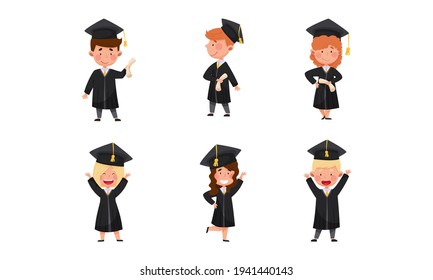 Girl And Boy Characters Wearing Academic Dresses Or Gown And Square Academic Cap Cheering About Graduation Ceremony Vector Illustrations Set