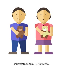 Girl and boy children or kids flat illustration. Vector isolated characters of asian or caucasian female and male young infant or child persons or with bear or puppy toys