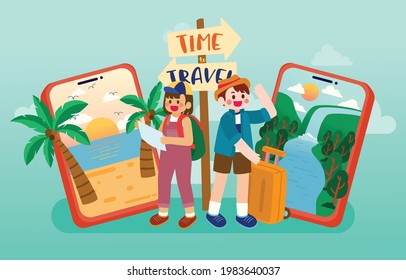 Girl and Boy Choose Destination to Visit From Mobile and Virtual Traveling in Pandemic Situation, Vector, Illustration