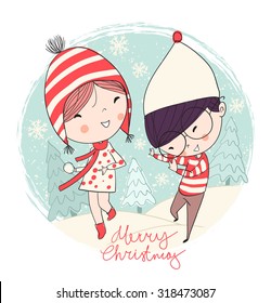 Girl and boy. Christmas card.