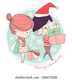 Girl and boy. Christmas card.