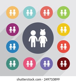 girl and boy circle, flat icons set. Round colorful buttons 