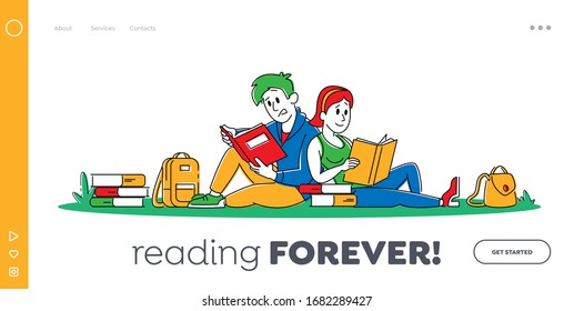 Girl and Boy Classmates Get Education in University Landing Page Template. Young Man and Woman Students Characters with Books Sitting on Grass at College Yard. Linear People Vector Illustration
