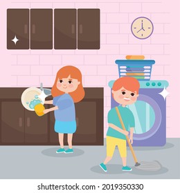 limpieza de niñas y niños en la cocina
