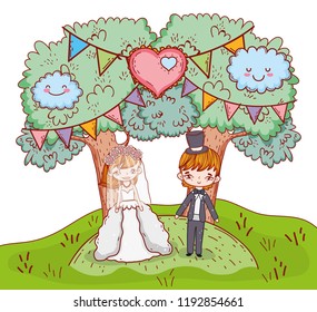 girl and boy clouple marriage with trees and heart