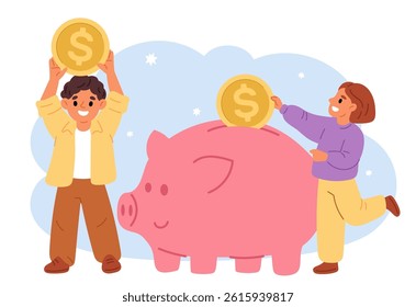 Girl and boy collect gold coins in piggy bank. Savings and investment. Kids put money in piggybank. Financial literacy. Finance deposit. Children moneybox. Economy profit