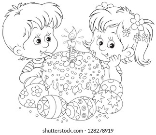 Girl and boy with a colorfully decorated Easter cake and painted eggs