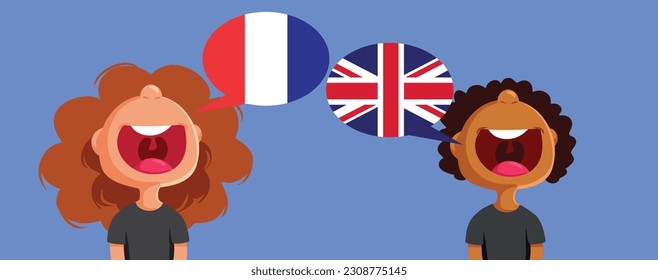 
Girl and Boy Communicating in French and English Language Vector Cartoon. Kids exchanging experiences via multilingual communication 
