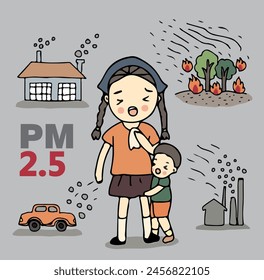 Girl and boy cough with dirty lung because PM2.5 air pollution.PM 2.5 Infographic. Hand drawn style vector illustration