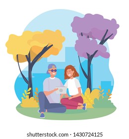 girl and boy couple with bushes plants and trees