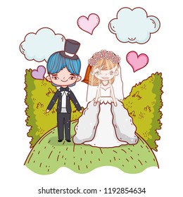 girl and boy couple marriage with bushes and hearts