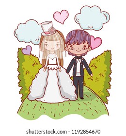 girl and boy couple marriage with bushes and clouds
