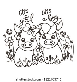 It is a girl, it is a boy. Cute cartoon baby pigs on a flower background. Vector illustration, coloring page