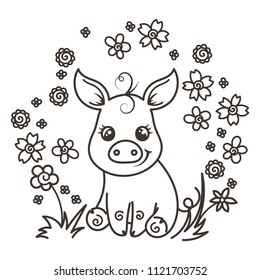 It is a girl, it is a boy. Cute cartoon baby pigs on a flower background. Vector illustration, coloring page