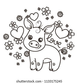 It is a girl, it is a boy. Cute cartoon baby pigs on a flower background. Vector illustration, coloring page