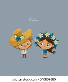 Girl and boy cute vector characters in national costumes