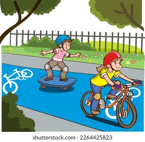 Girl, boy cyclists enjoy riding bicycles and skateboards on road. Happy kids riders cartoon characters having fun. Sport, transportation entertainment. Flat vector isolated illustration