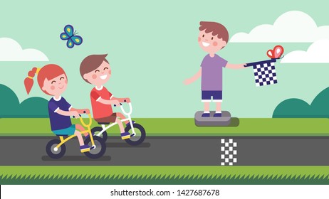 Girl & boy cyclists riding bicycles to finish line & kid racing checkered finish flag. Smiling children cartoon characters enjoying playing racing competition in park street. Flat vector illustration