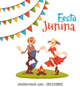  Girl and boy dancing at Brazil june party. Vector illustration.