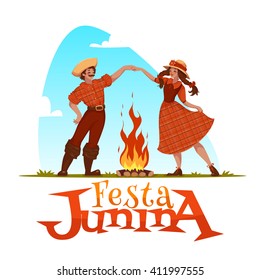  Girl and boy dancing at Brazilian Festa Junina Party. Vector illustration.