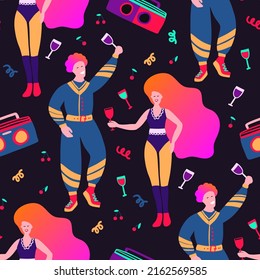 Girl and boy disco seamless pattern 80s illustration. Girl and boy music party