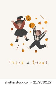 Girl and boy disguised in funny and scary costumes for Halloween party. Happy children dressed in carnival clothes. Cute kids in festival outfit trick or treat. Vector flat cartoon style illustration