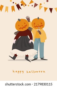 Girl and boy disguised in scary, creepy costumes for Halloween party. Pumpkin head. Happy Halloween poster or card - kids in festival outfit for trick or treat. Vector flat cartoon style illustration