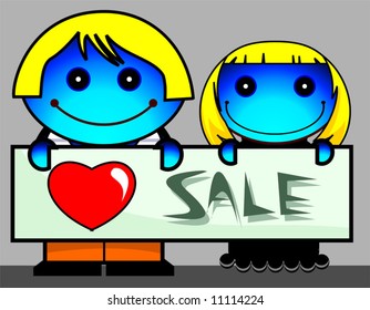 girl and boy displaying a sale banner	