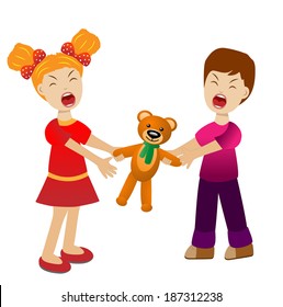 girl and boy divide a toy bear cry, vector illustration