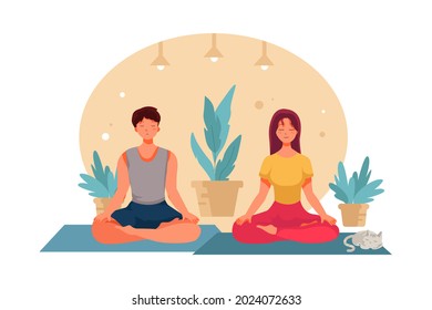 Girl and boy do yoga in lotus pose Illustration concept. Flat illustration isolated on white background.